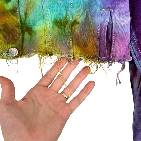 Handmade Tie Dye Jean Jacket Womens Size Medium Cropped Upcycled Colorful Denim - Picture 4 of 13